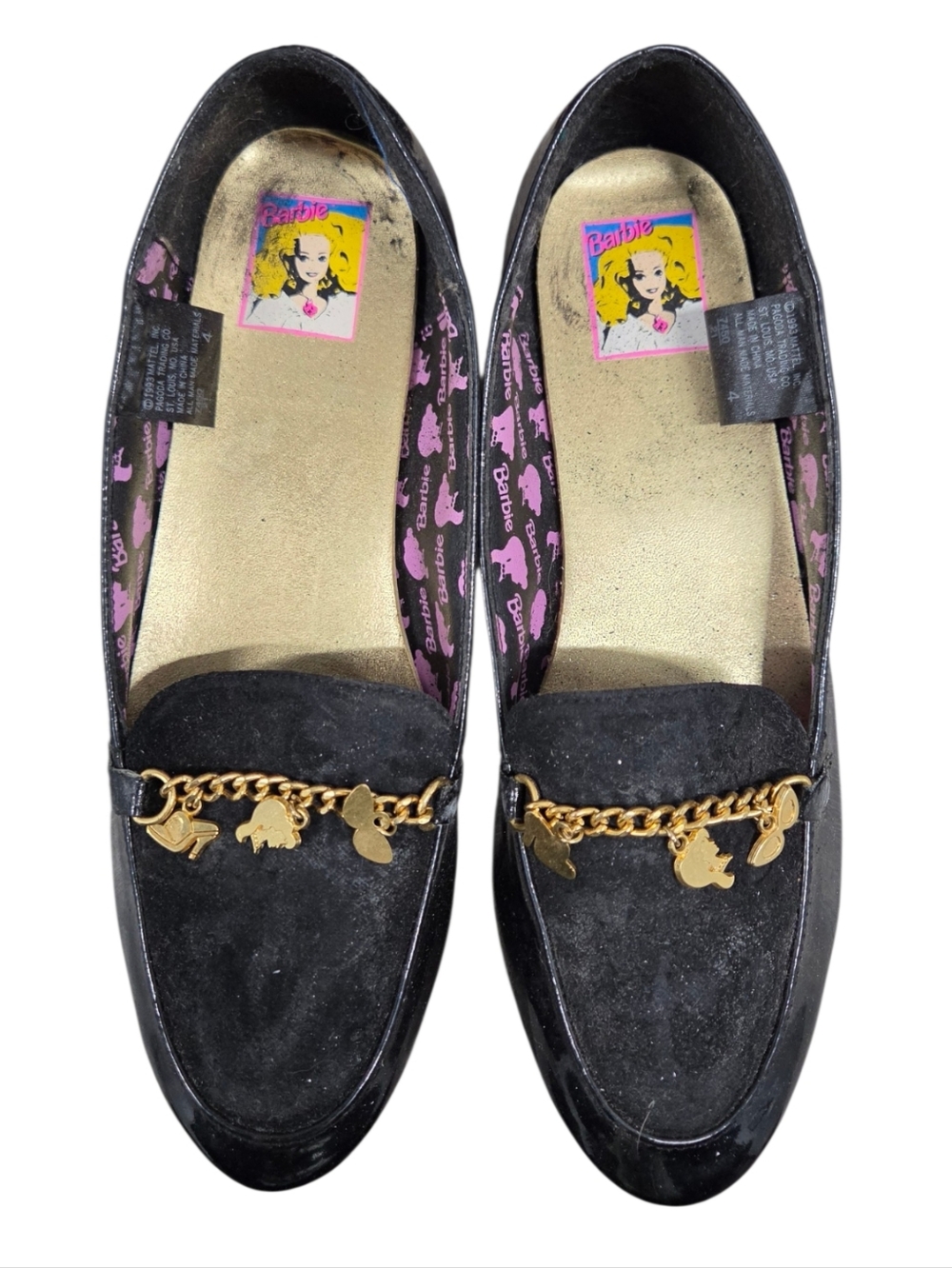 Vintage 1993 Barbie Size 4 Black Flats with Gold Charm Chain With Original Box